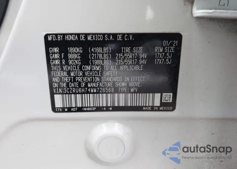 2021 Honda Hr-V Awd Ex-L z USA, uszkodzony, nr VIN 3CZRU6H74MM726568